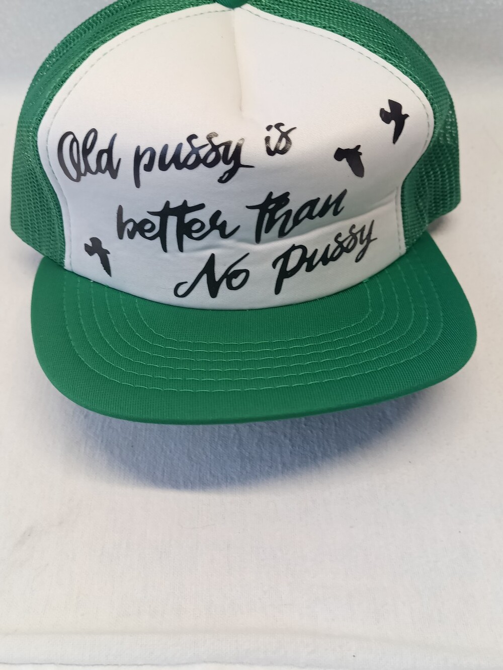Green & White Classic 5-panel Trucker Hat w Provocative Script & Bird Graphics